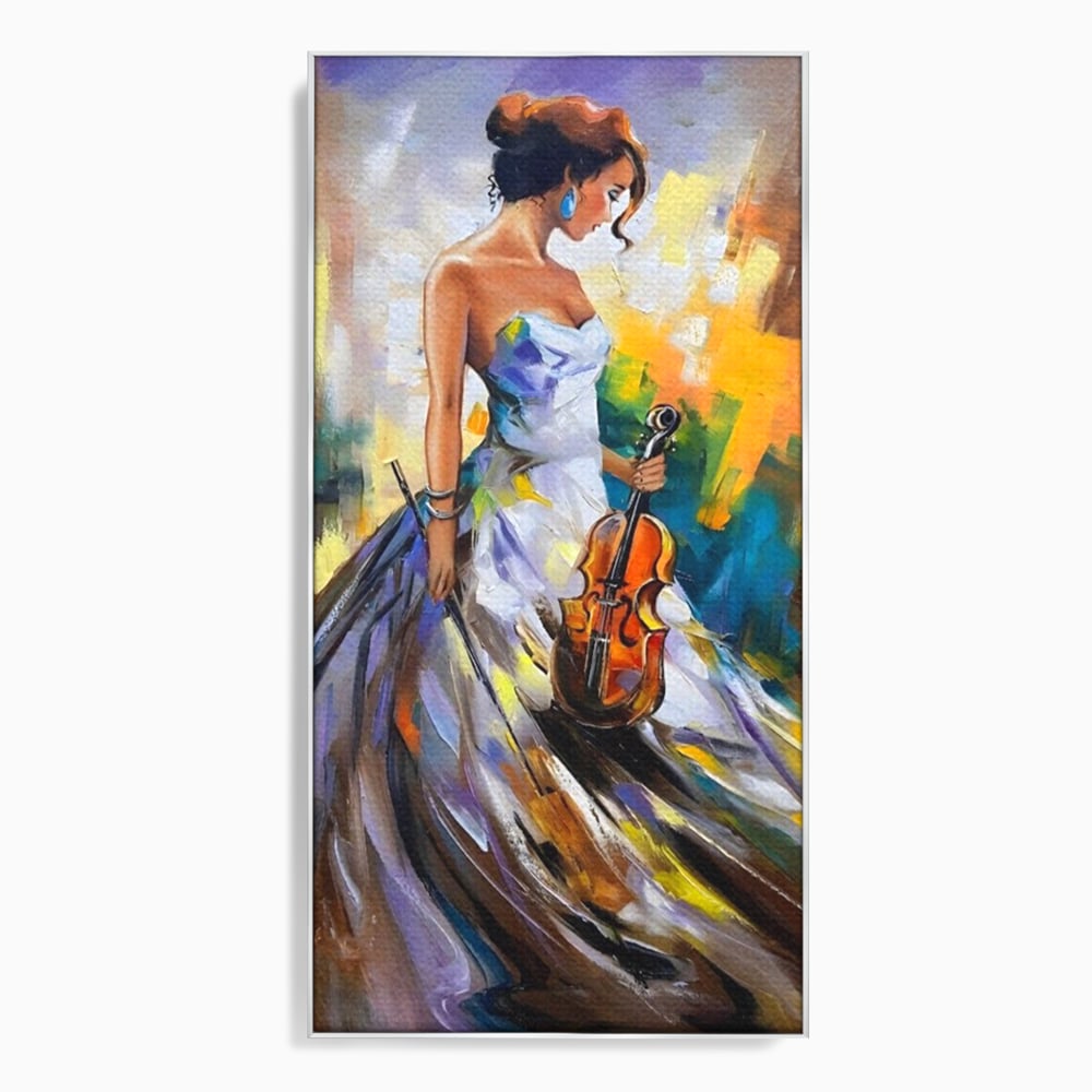 Tablou canvas cu tablou canvas cu femeie si vioara, in rama de aluminiu argintiu